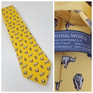 Hunting World Yellow & Grey 100% Silk tie Rhinoceros New condition with tags